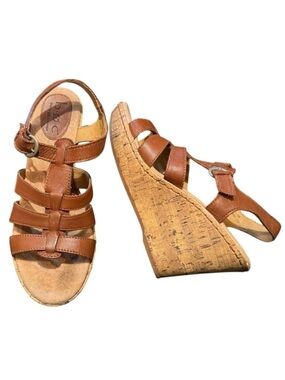 B.O.C. by Born - Brown Leather Ankle Strap Size 7 Cork Wedge Sandals